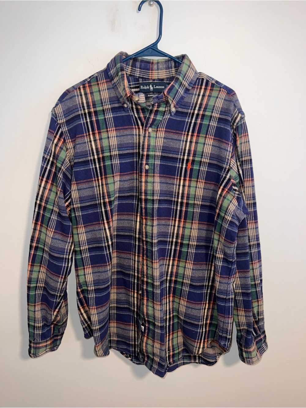 Ralph Lauren Blue Plaid Button-Down Shirt with Green and Cream Accents